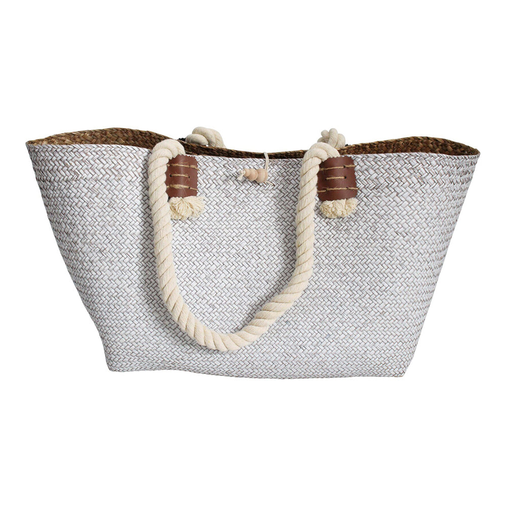 LVD Woven Cotton/Leather 52cm Market Bag Ladies/Women's w/ Handle - White