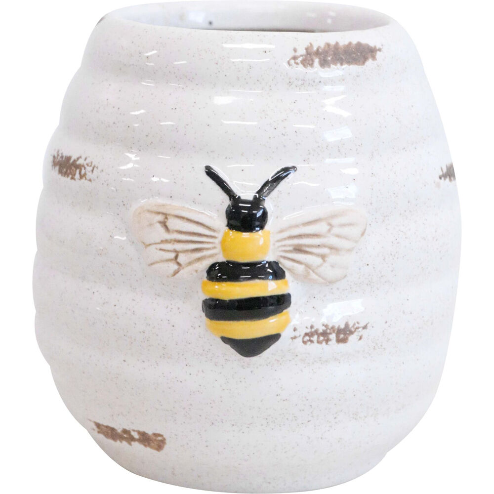 2PK LVD Ceramic Pot Plug Bee Rustic Home/Garden Decor 8x9cm - White