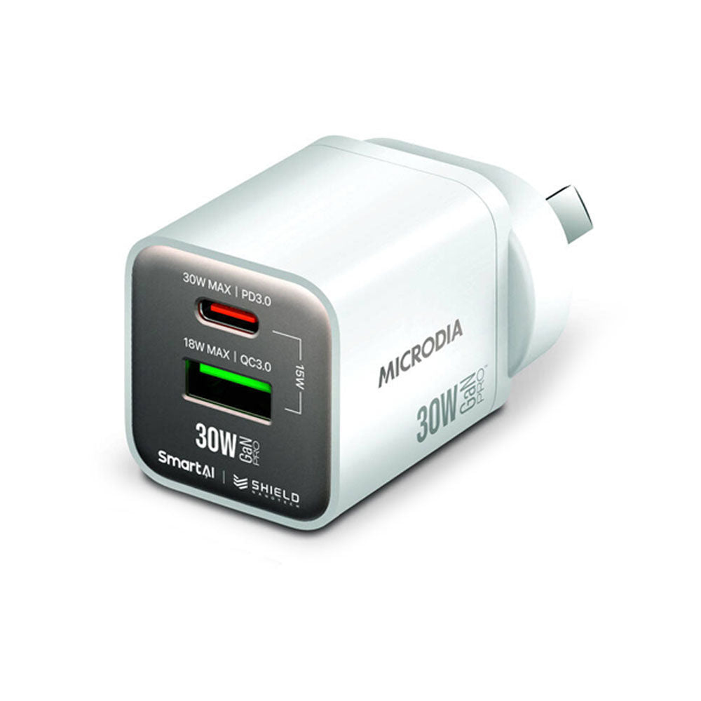 2PK Microdia SmartCube Nano 30W Dual Port GaN USB-A USB-C Wall Charger - White