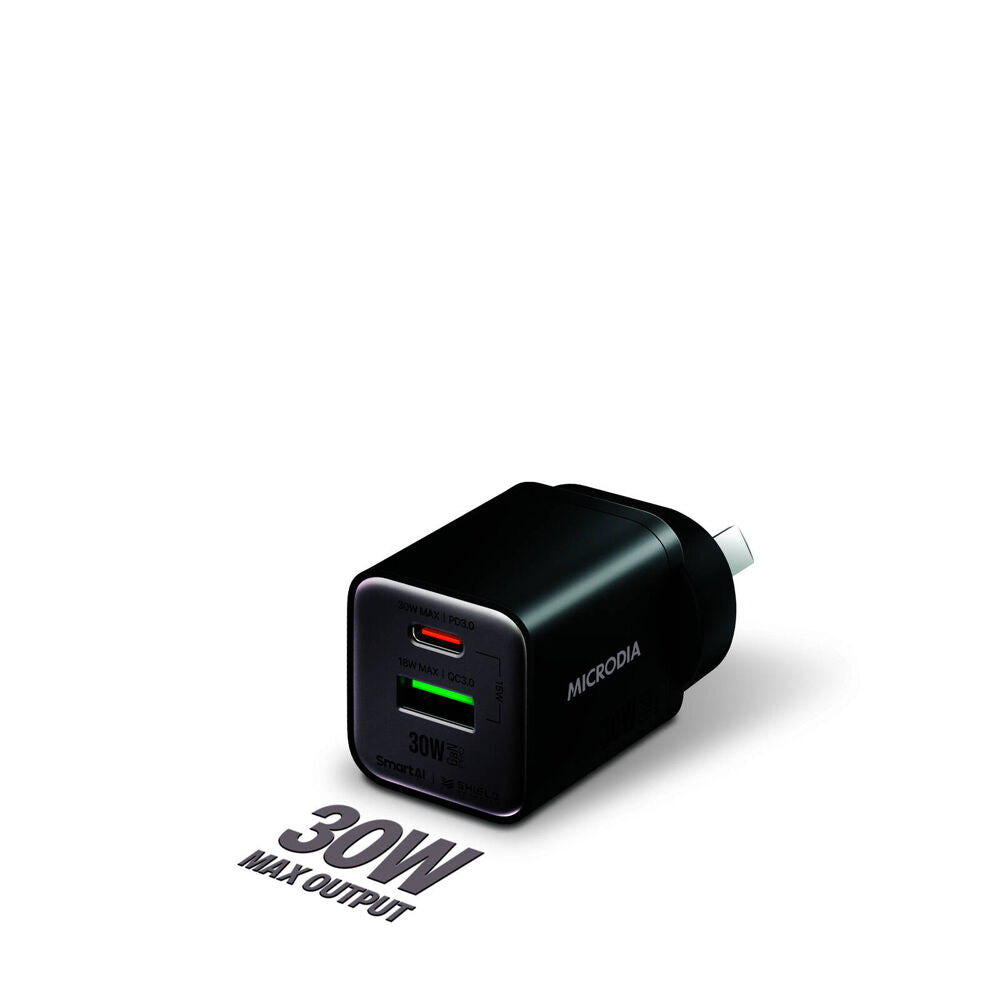 2PK Microdia SmartCube Nano 30W Dual Port GaN USB-A USB-CWall Charger - Black