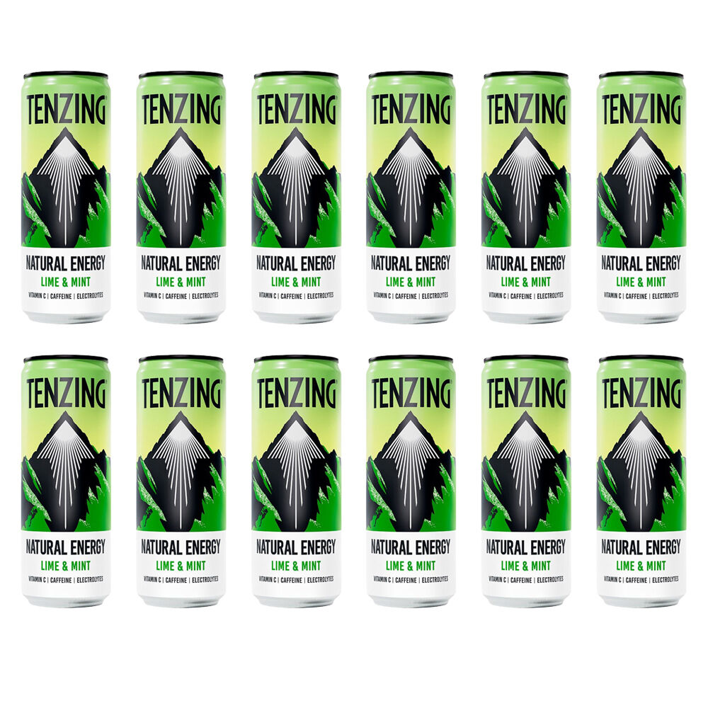 12PK Tenzing Natural Sparkling Energy Drink Lime And Mint Cans Vegan 330ml