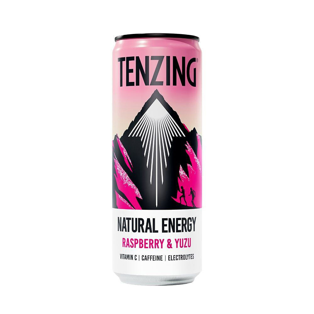12PK Tenzing Natural Sparkling Energy Drink Raspberry and Yuzu Cans Vegan 330ml