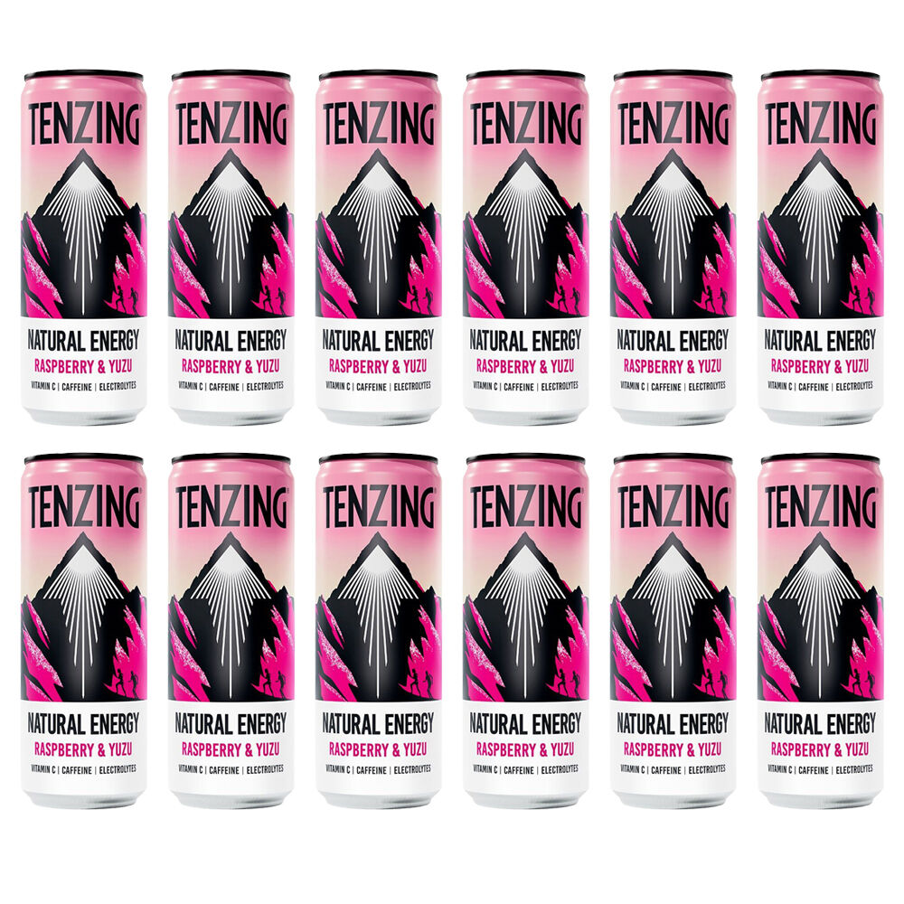 12PK Tenzing Natural Sparkling Energy Drink Raspberry and Yuzu Cans Vegan 330ml