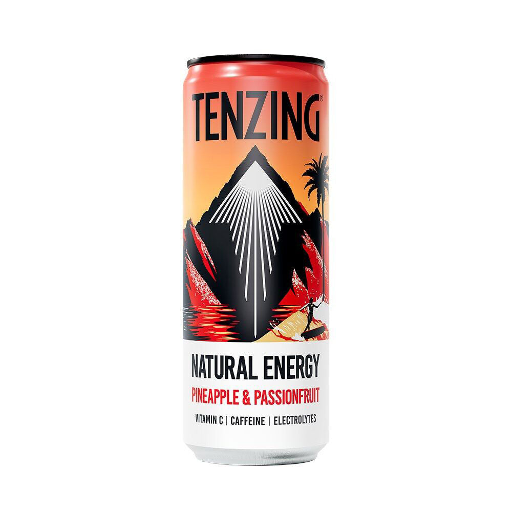 12PK Tenzing Natural Energy Drink Pineapple and Passionfruit Cans Vegan 330ml