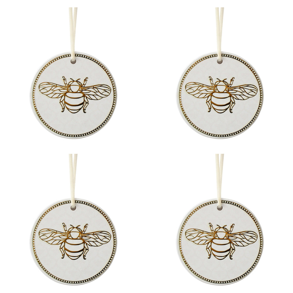 4PK LVD Ceramic 7cm Gift Bee Tag Round Hanging Home Decorative Ornament - White