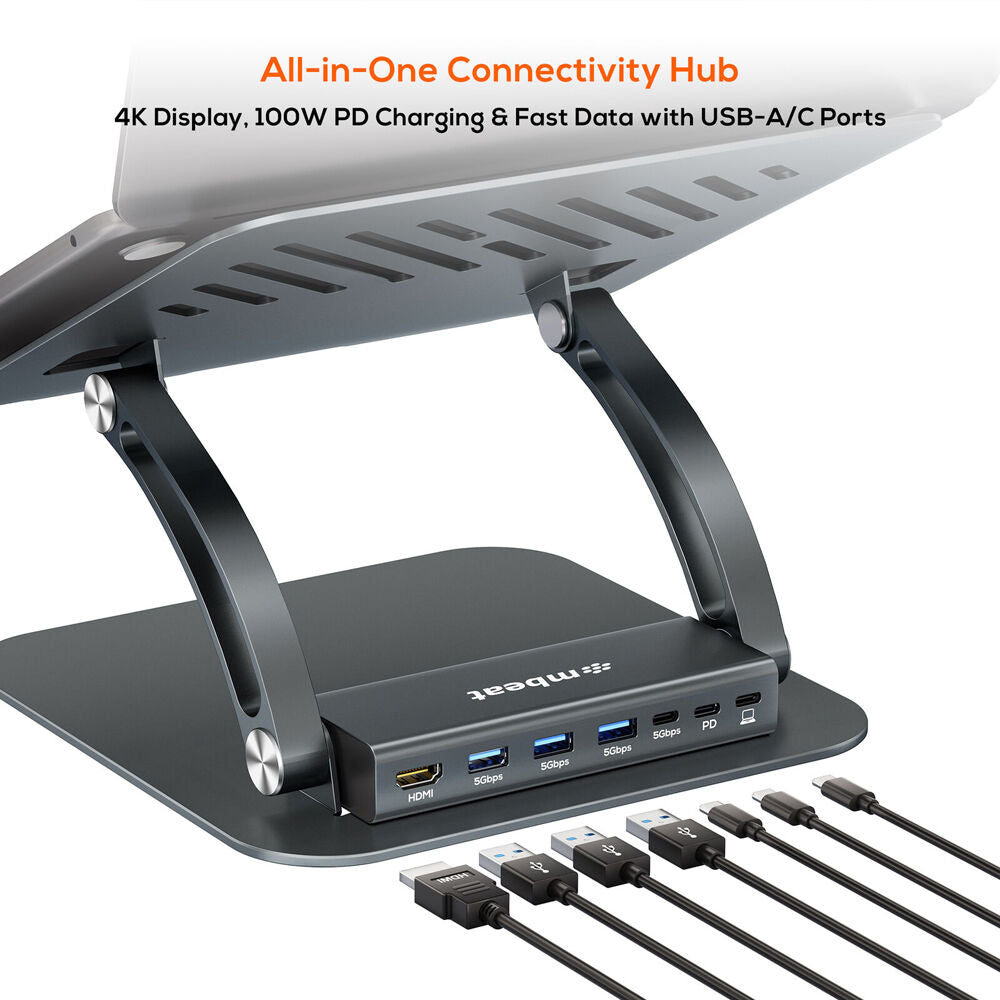mbeat Stage P6 Laptop Stand w/ USB-C USB-A HDMI Docking Station 100W Space Grey