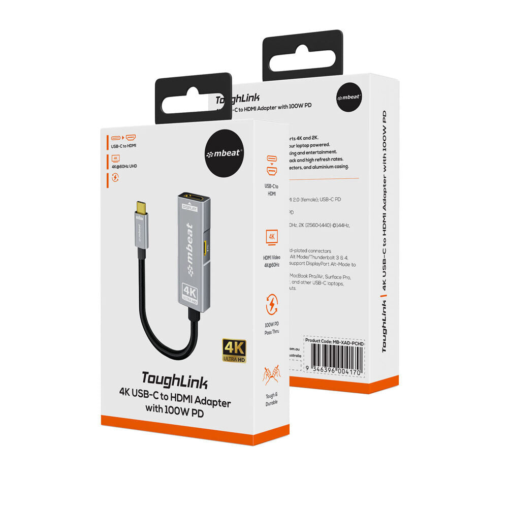 mbeat Tough Link USB-C to HDMI Adapter with 100W PD 21.6Gbps Space Grey