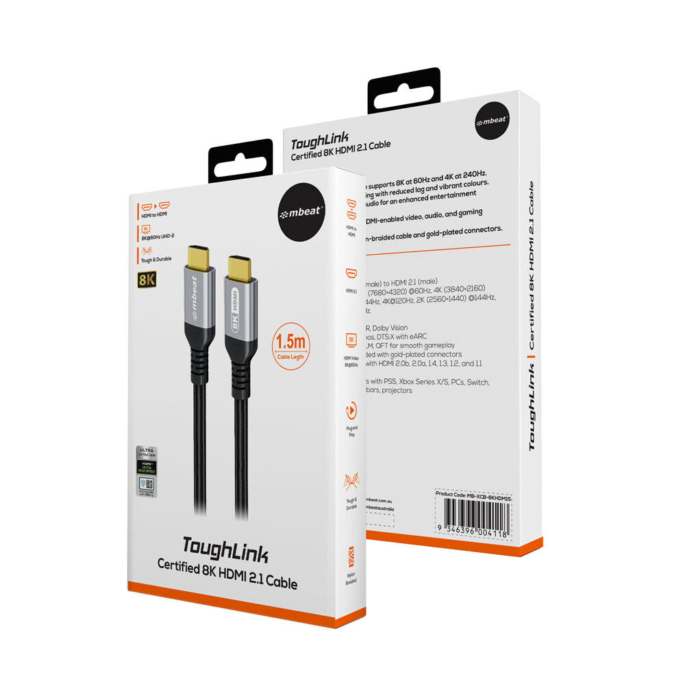 mbeat Tough Link 1.5m Certified 8K HDMI Cable 48Gbps Bandwidth Space Grey