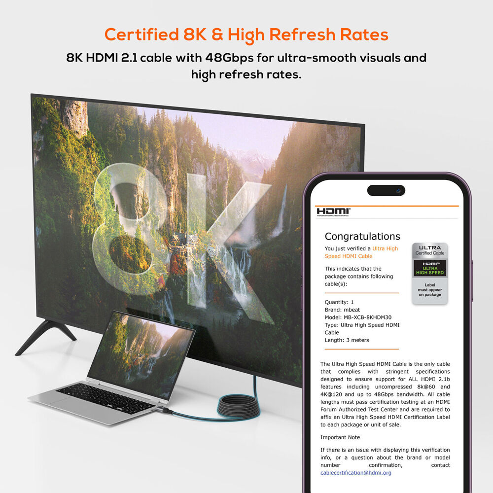 mbeat Tough Link 3m Certified 8K HDMI Cable 48Gbps Bandwidth Space Grey