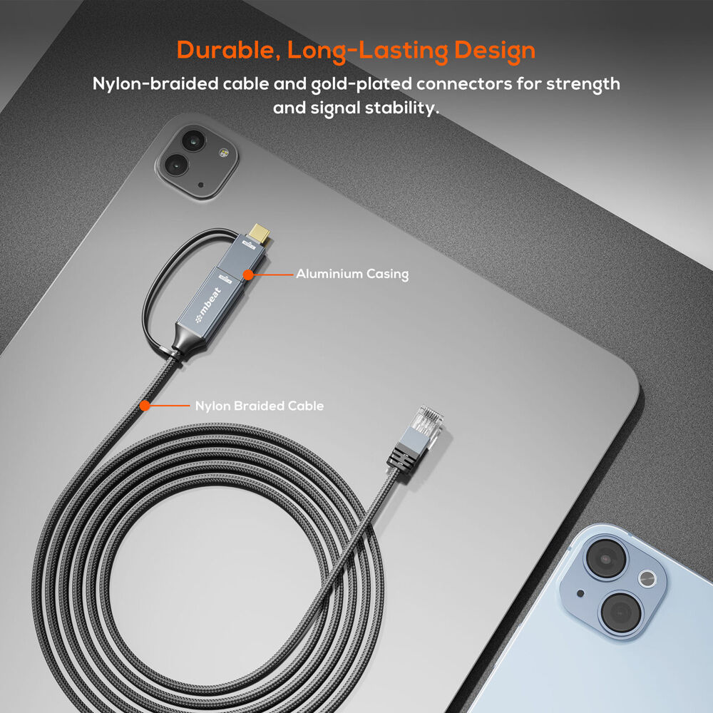 mbeat Tough Link 3m USB & USB-C to RJ45 Ethernet Cable CAT6 Space Grey