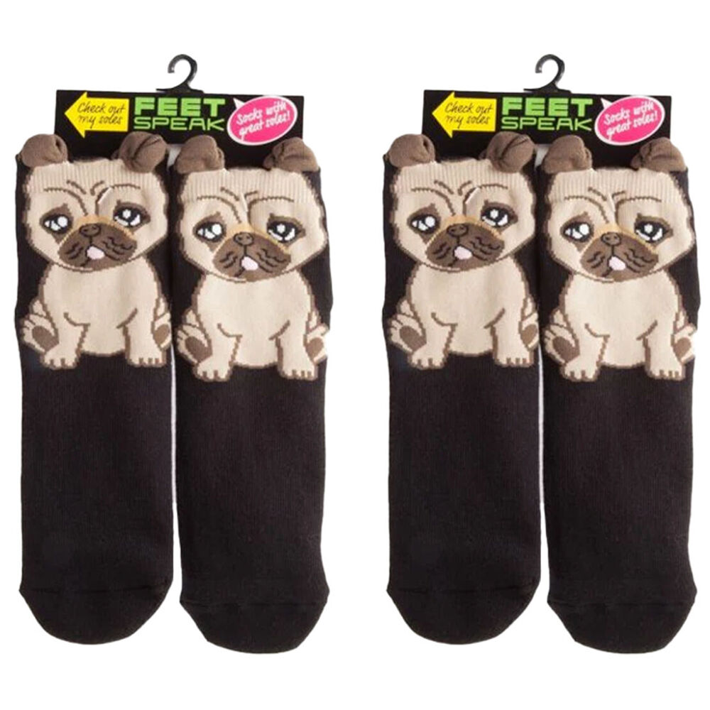 2PK Feet Speak Pug Women's Casual Crew Socks Black One-Size