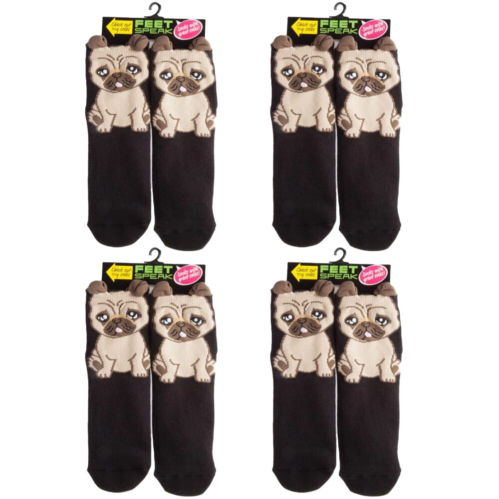 4PK Feet Speak Pug Women's Casual Crew Socks Black One-Size