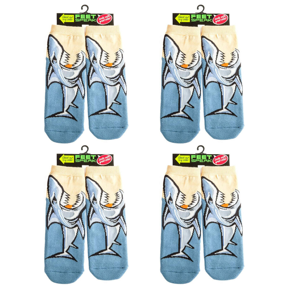 4PK Feet Speak Shark Bay Women's Casual Crew Socks Blue One-Size