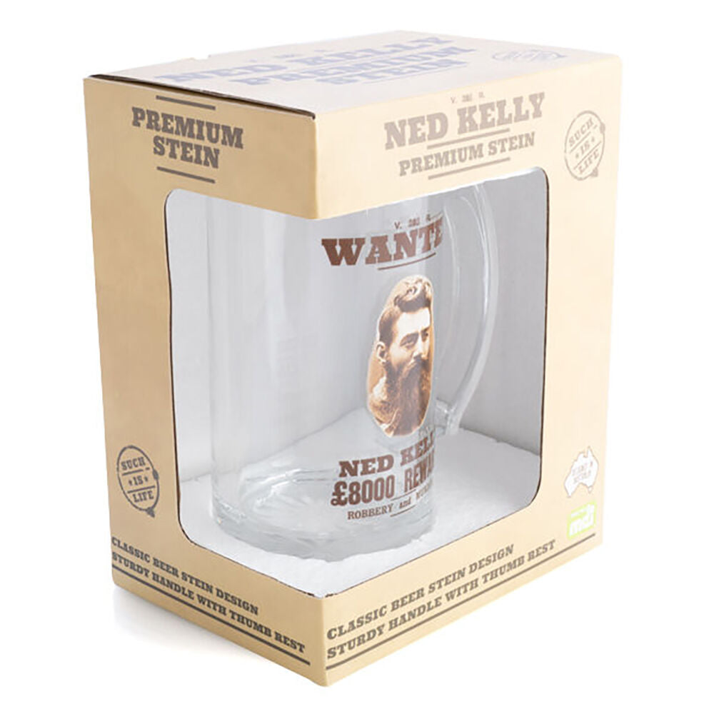Outback Mates Beer Stein Glass Mug Drinkware 450ml Clear Bushranger Ned