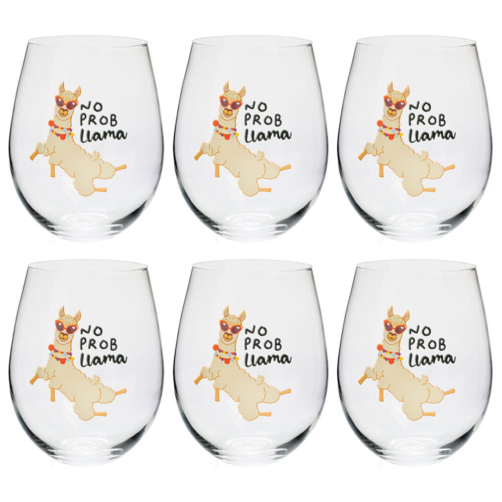6PK Alpaca Valley Stemless Wine Glass Tumbler Party Drinkware No Prob Llama