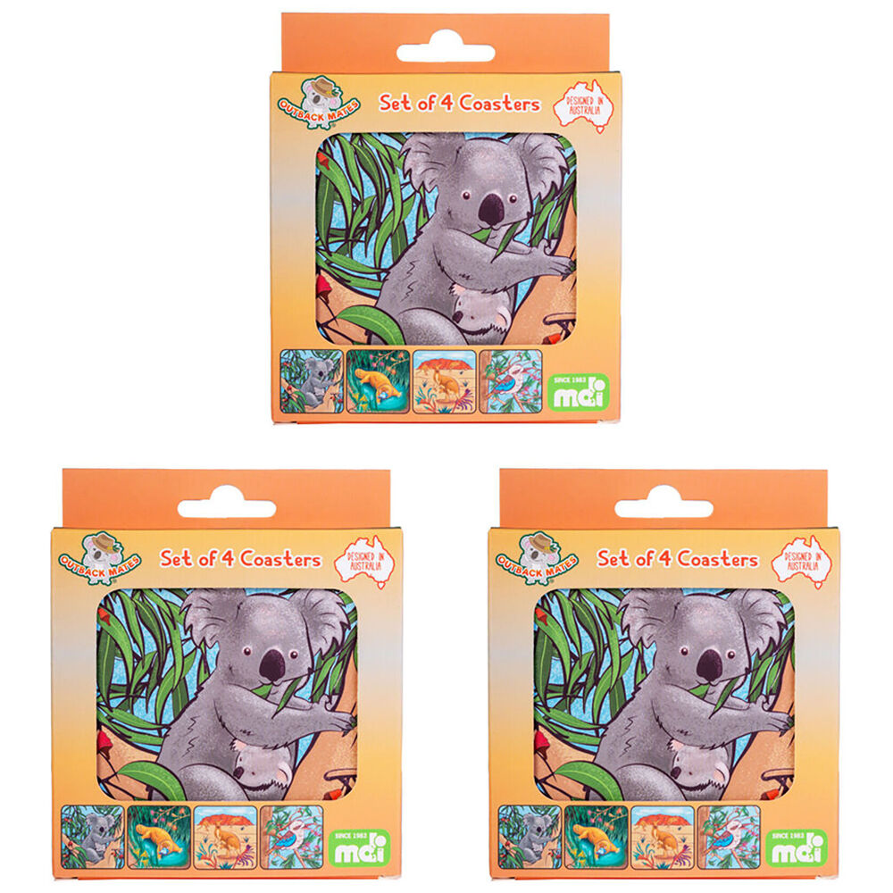 3x 4pc MDI Cork-Backed Drink Coasters Set Square Australiana Animals