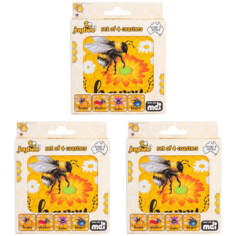 3x 4pc Joybee Cork-Backed Drink Coasters Set Square Bee Yellow