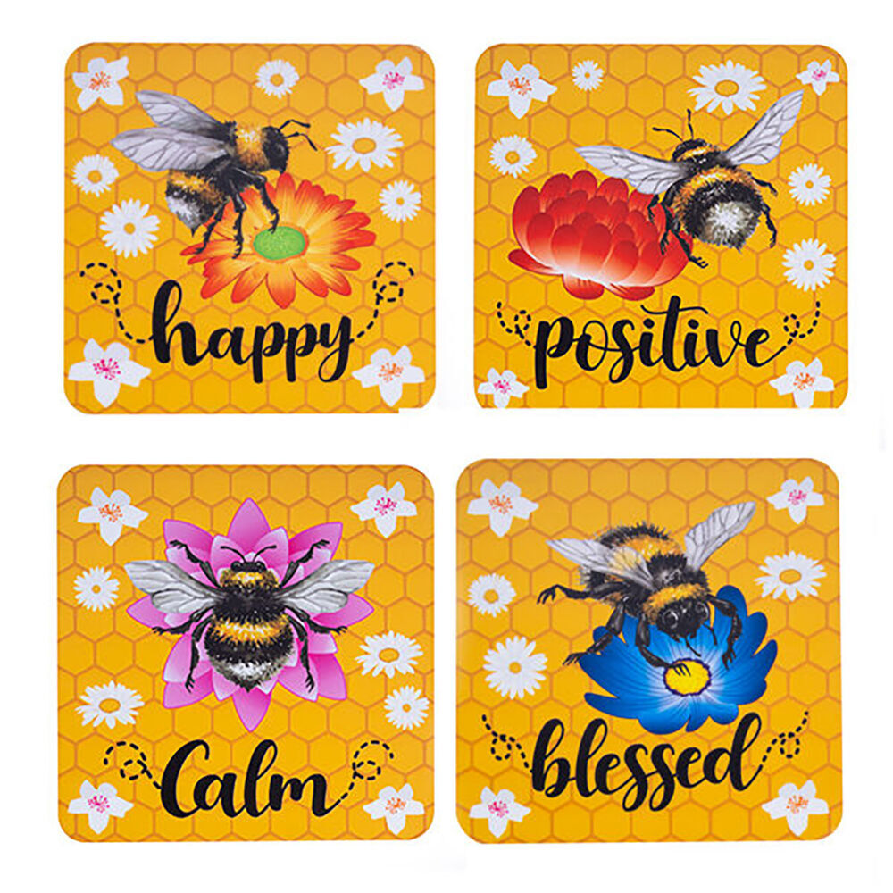 3x 4pc Joybee Cork-Backed Drink Coasters Set Square Bee Yellow