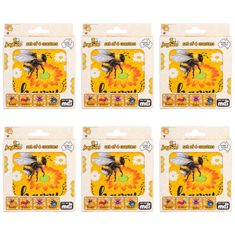 6x 4pc Joybee Cork-Backed Drink Coasters Set Square Bee Yellow