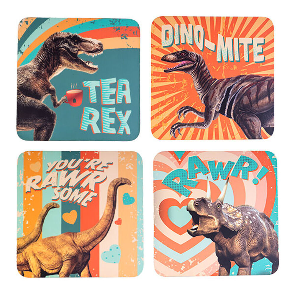 3x 4pc Dino Island Cork-Backed Drink Coasters Set Square Dino