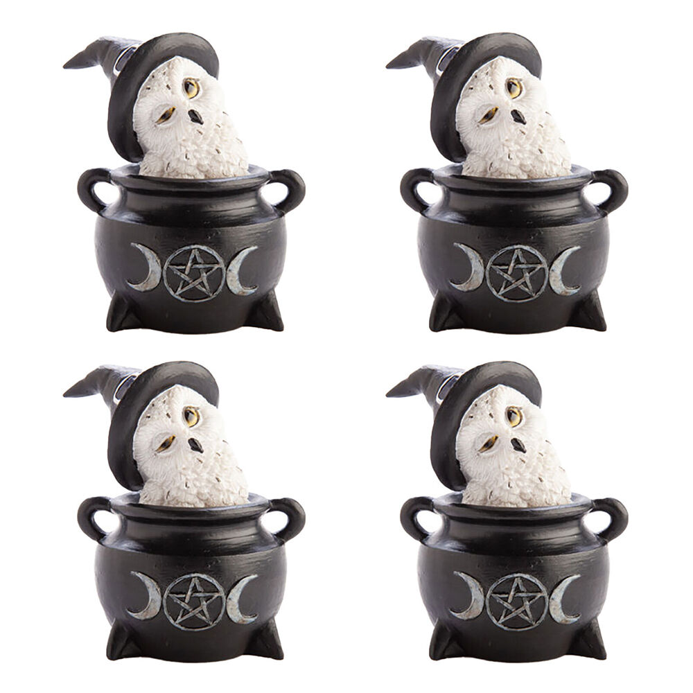 4PK Mystical Worlds Snowy Owl Cauldron Figurine Ornament Home Decor 7.7x10cm