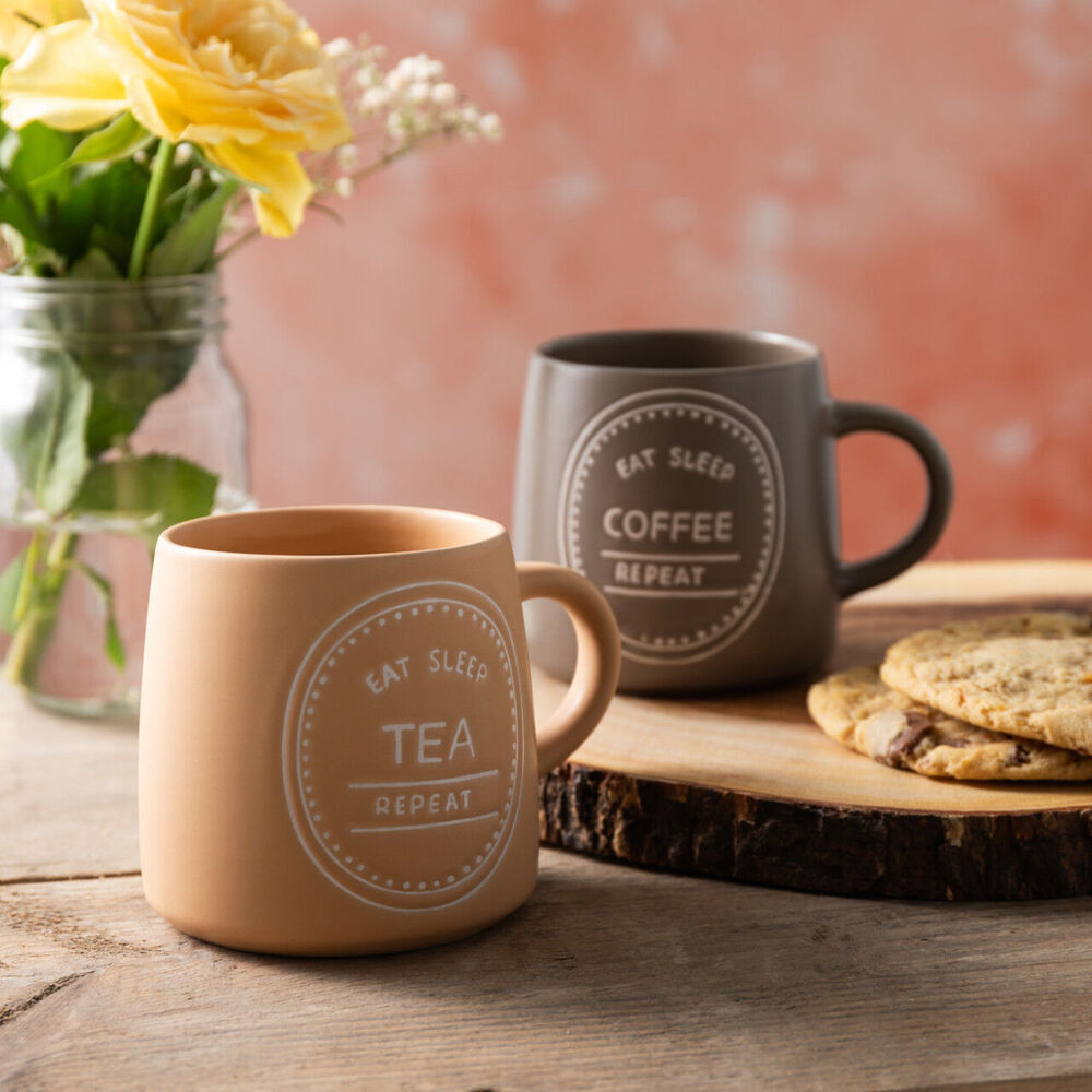 8PK Mikasa 400ml Eat Sleep Coffee Repeat Coffee Mug Cup Stoneware Brown