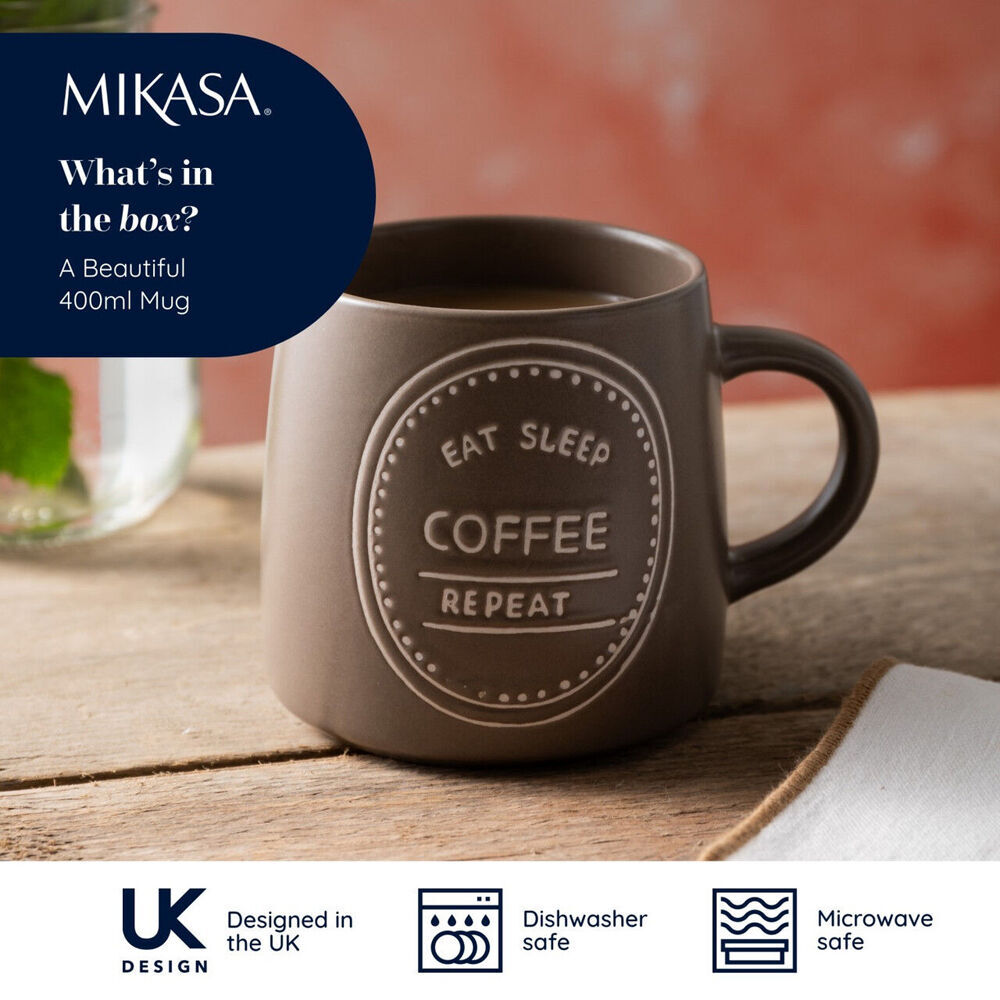 8PK Mikasa 400ml Eat Sleep Coffee Repeat Coffee Mug Cup Stoneware Brown