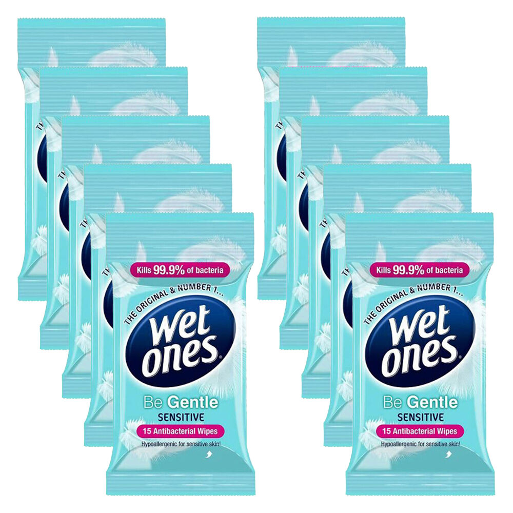 10x 15pc WetOnes Be Gentle Sensitive Surface Wipes Travelpack Antibacterial