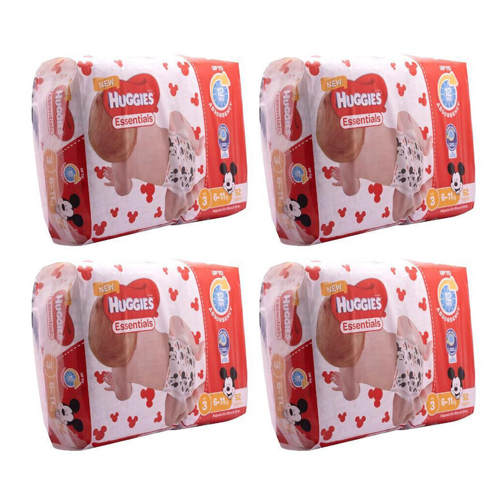 4x 52pc Huggies Essentials Mickey Crawler Absorbent Size 3