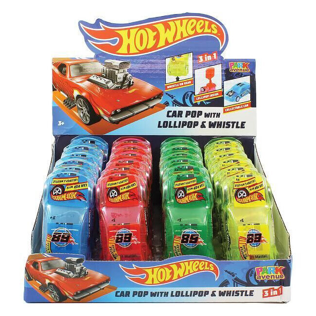 24PK Hot Wheels 3-in-1 Car Pop w/ Lollipop & Whistle Lollies Assort 10g
