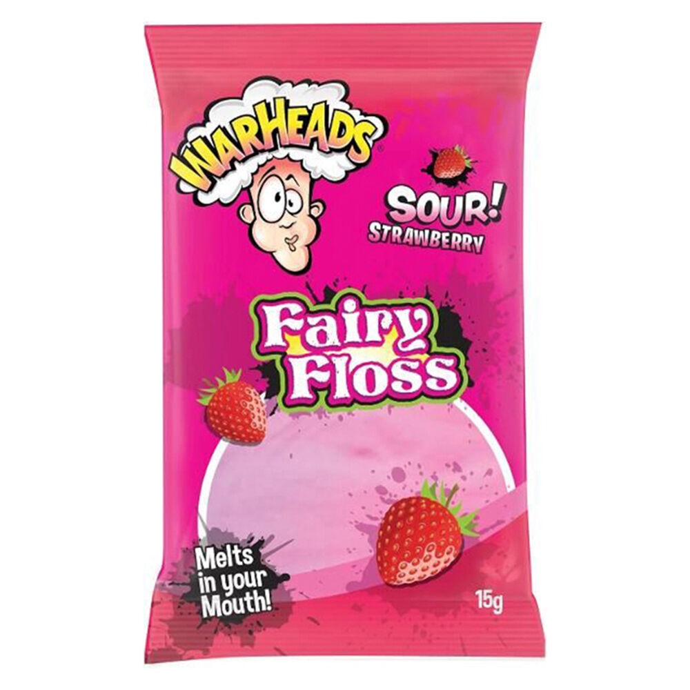 18PK Warheads Strawberry Sour Fairy Floss/Cotton Candy Packet Lollies 15g