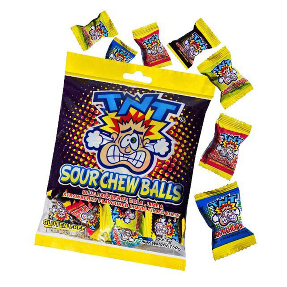 12PK TNT Liquid Filled Sour Chew Balls Variety Pack Candy Lollies 150g Assorted