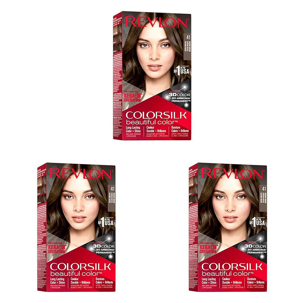 3PK Revlon ColorSilk Permanent Hair Colour Dye Ammonia-Free 41 Medium Brown