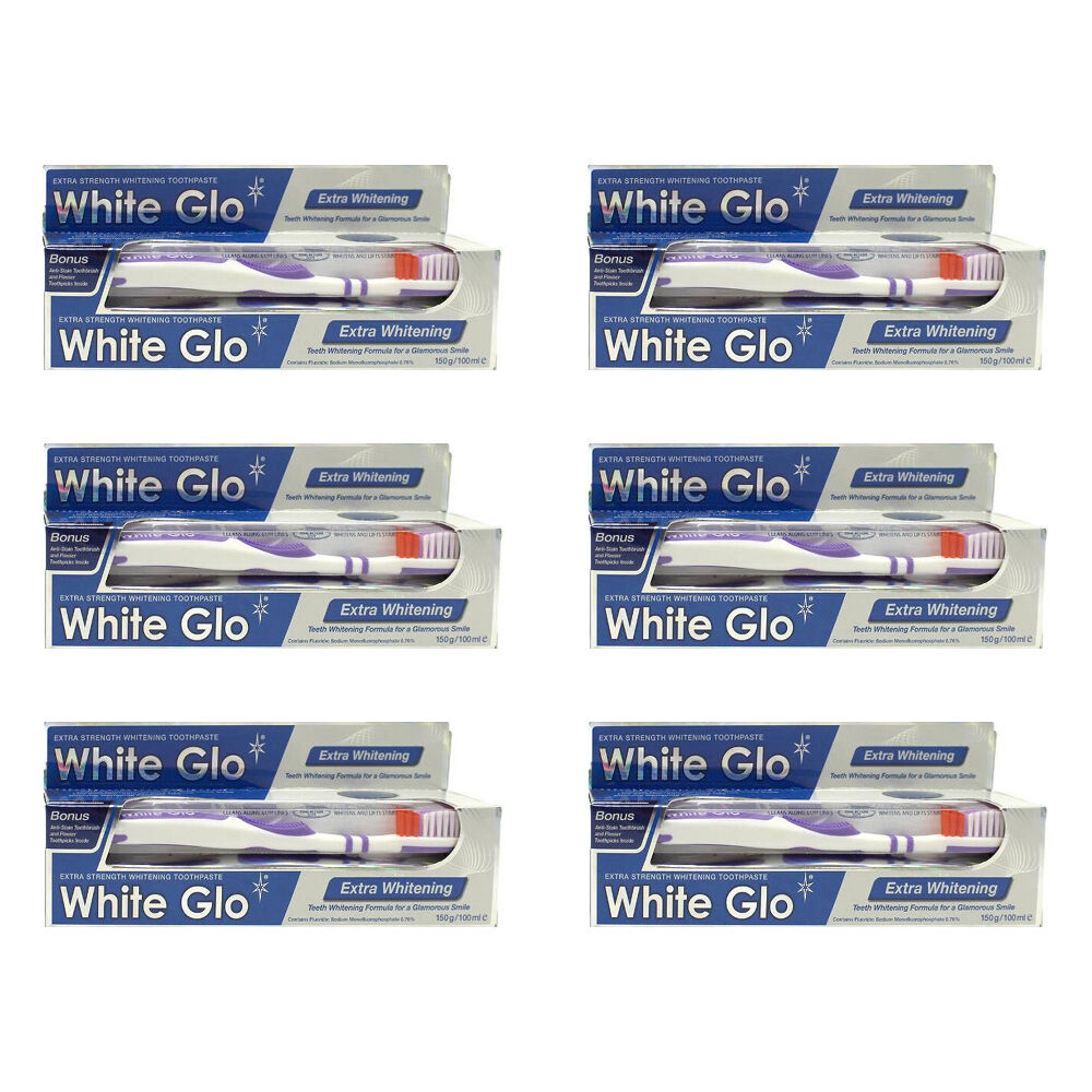 6x 2pc White Glo Extra Whitening Toothpaste & Toothbrush Dental Care Set 150g