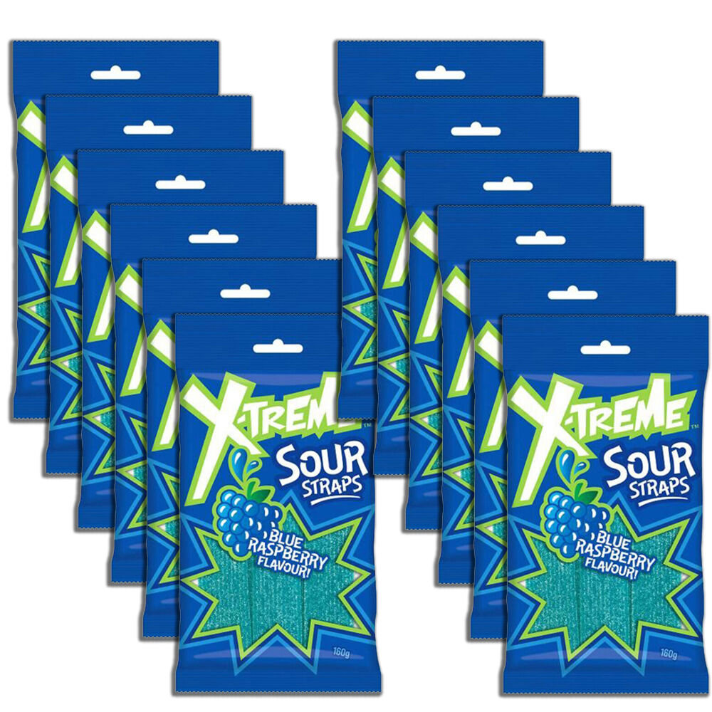 12PK X-Treme Sour Blue Raspberry Straps Fruit Lollies Confectionery 160g