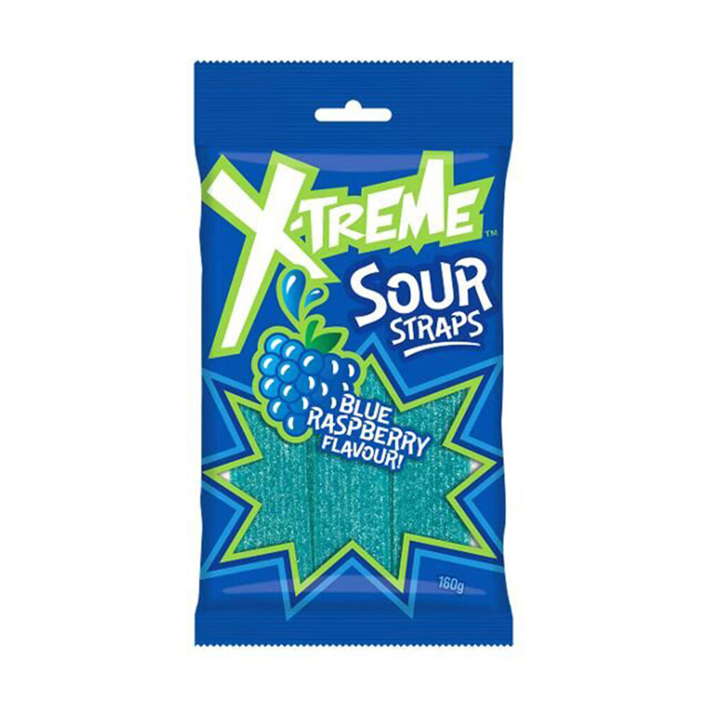 12PK X-Treme Sour Blue Raspberry Straps Fruit Lollies Confectionery 160g
