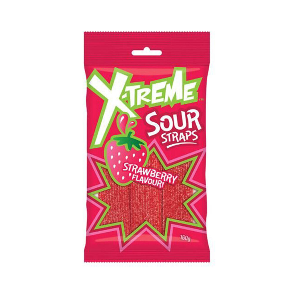 12PK X-Treme Sour Strawberry Straps Fruit-Flavoured Lollies Candy 160g