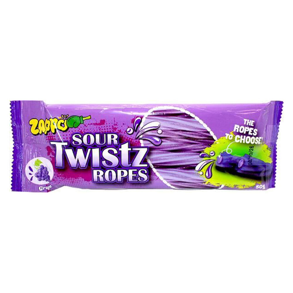 12PK Zappo Sour Twistz Ropes Grape Chews Fruit Lollies Confectionery 50g