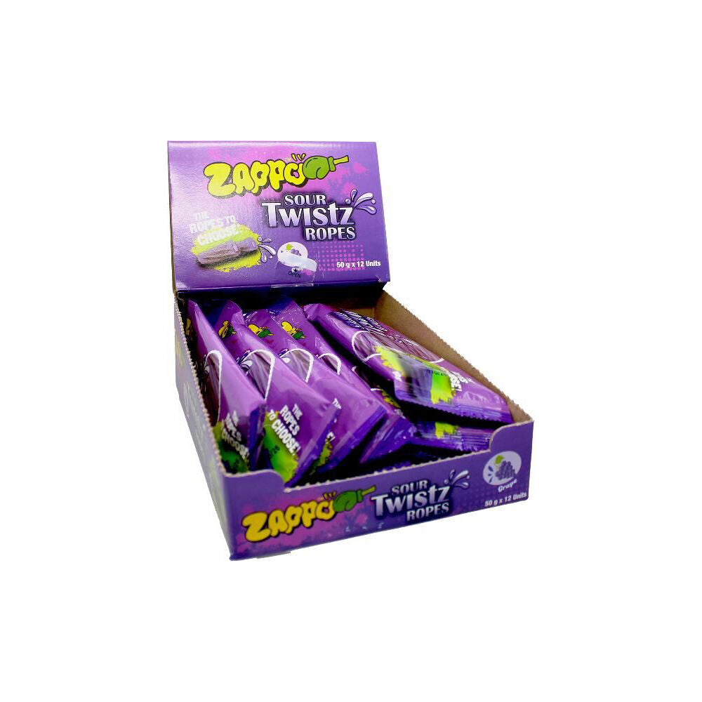 24PK Zappo Sour Twistz Ropes Grape Chews Fruit Flavoured Lollies 50g