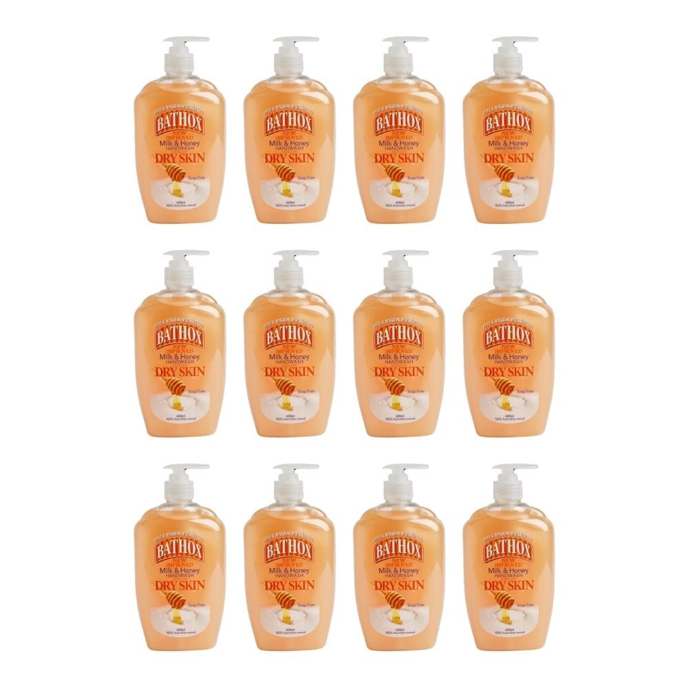 12PK Bathox Handwash Liquid Pump Milk & Honey 600ml For Dry Skin