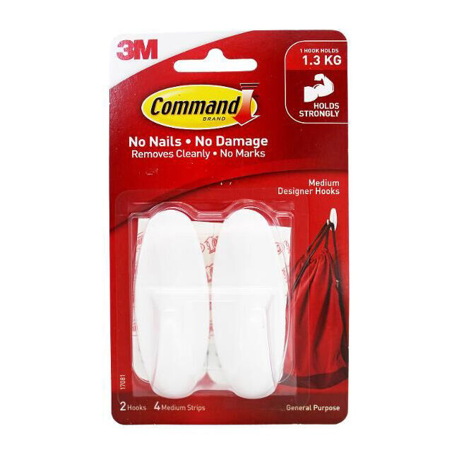 6x 2pc 3M Command No Nail Medium Designer Hanging Wall Hook Holds 1.3kg White