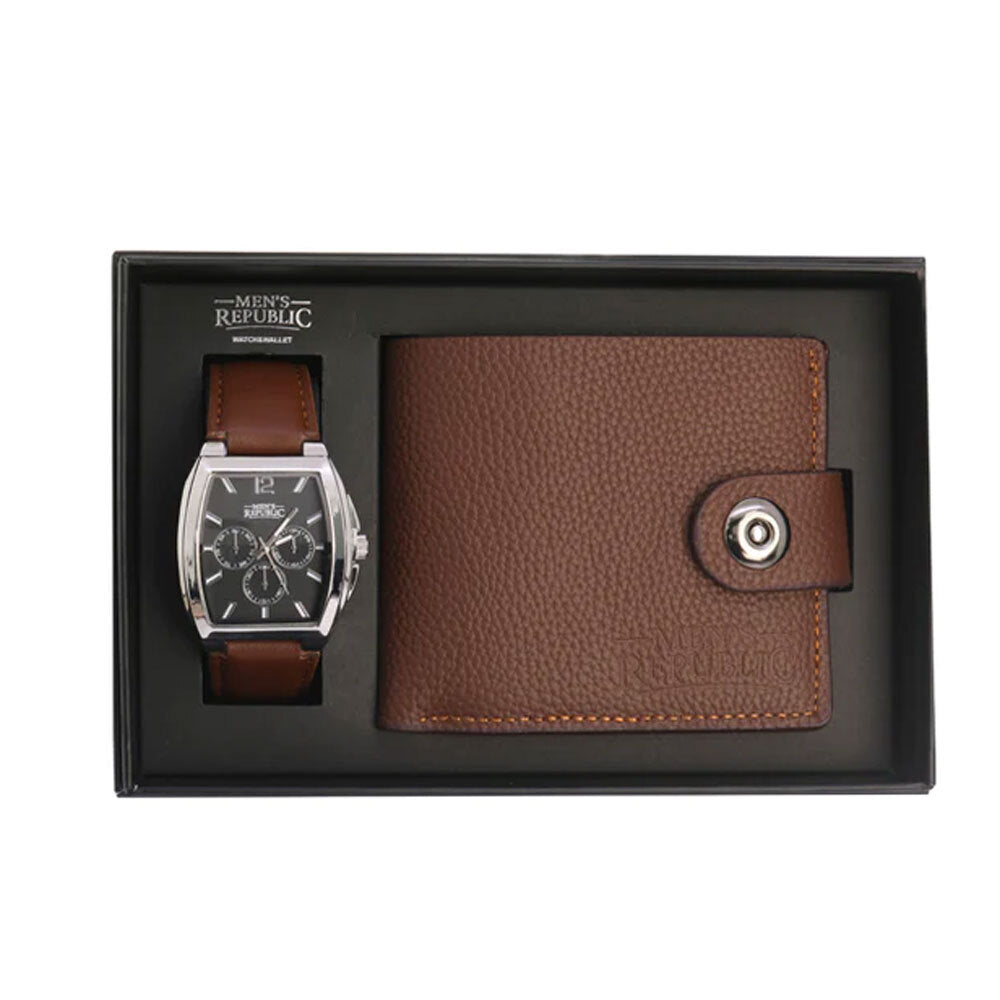 Men's Republic Watch Set with Leather Wallet - Brown