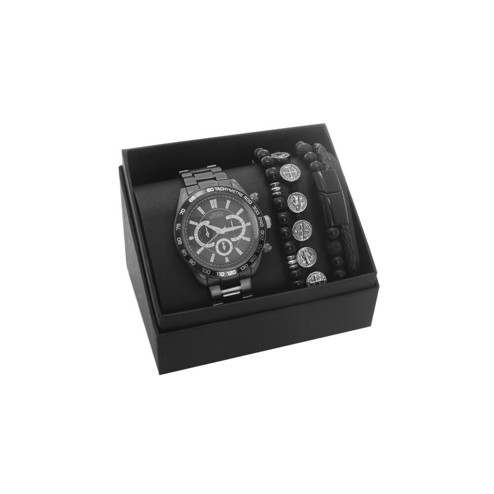 Men’s Republic Quartz Watch Set and 3 Bracelets Elegant Gift Set -Gun Metal