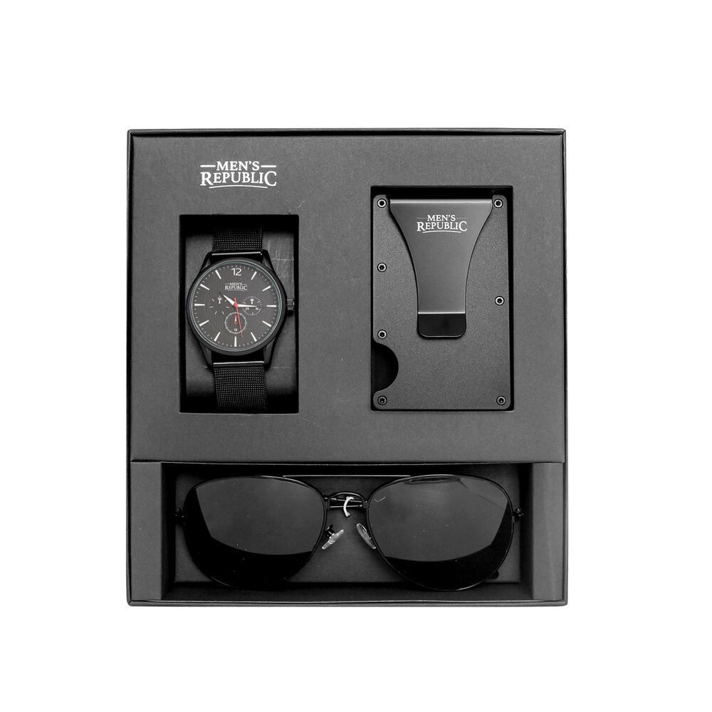 Men's Republic Quartz Watch Set with Card Wallet and Sunglasses - Black