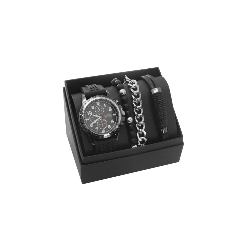 Men's Republic Watch Set with 3 Bracelets Gift Set - Bold Classic Black