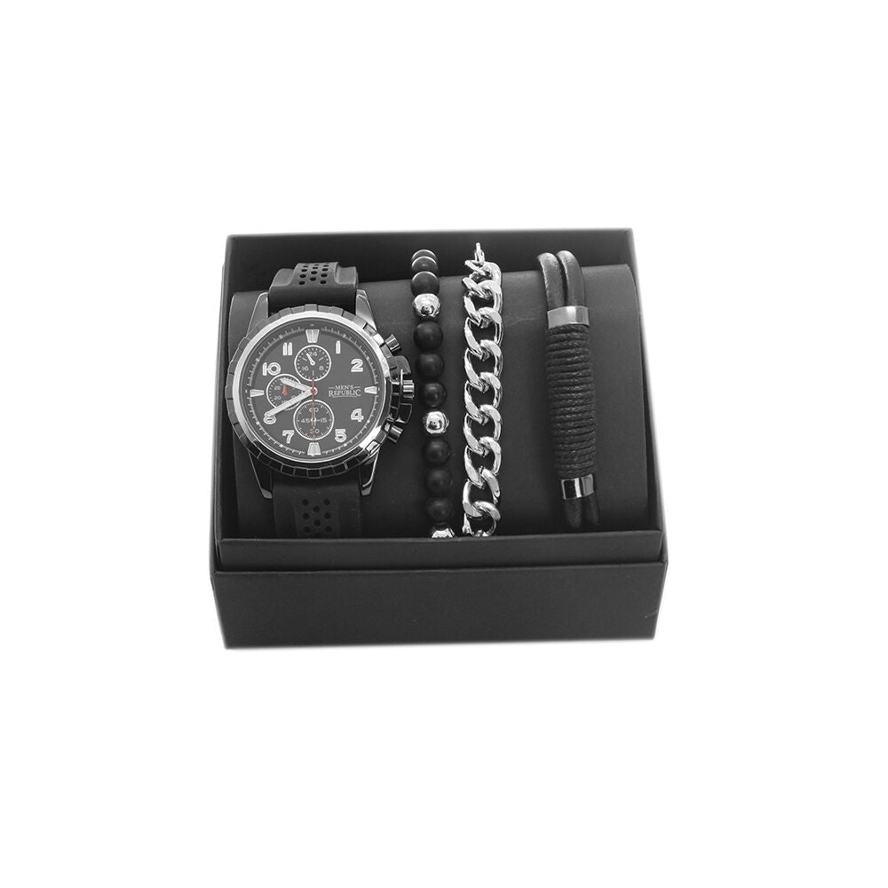Men's Republic Watch Set with 3 Bracelets Gift Set - Bold Classic Black