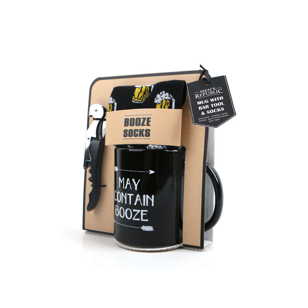 Men's Republic Ceramic Mug Set with Beer Socks and Bar Multitool - Black