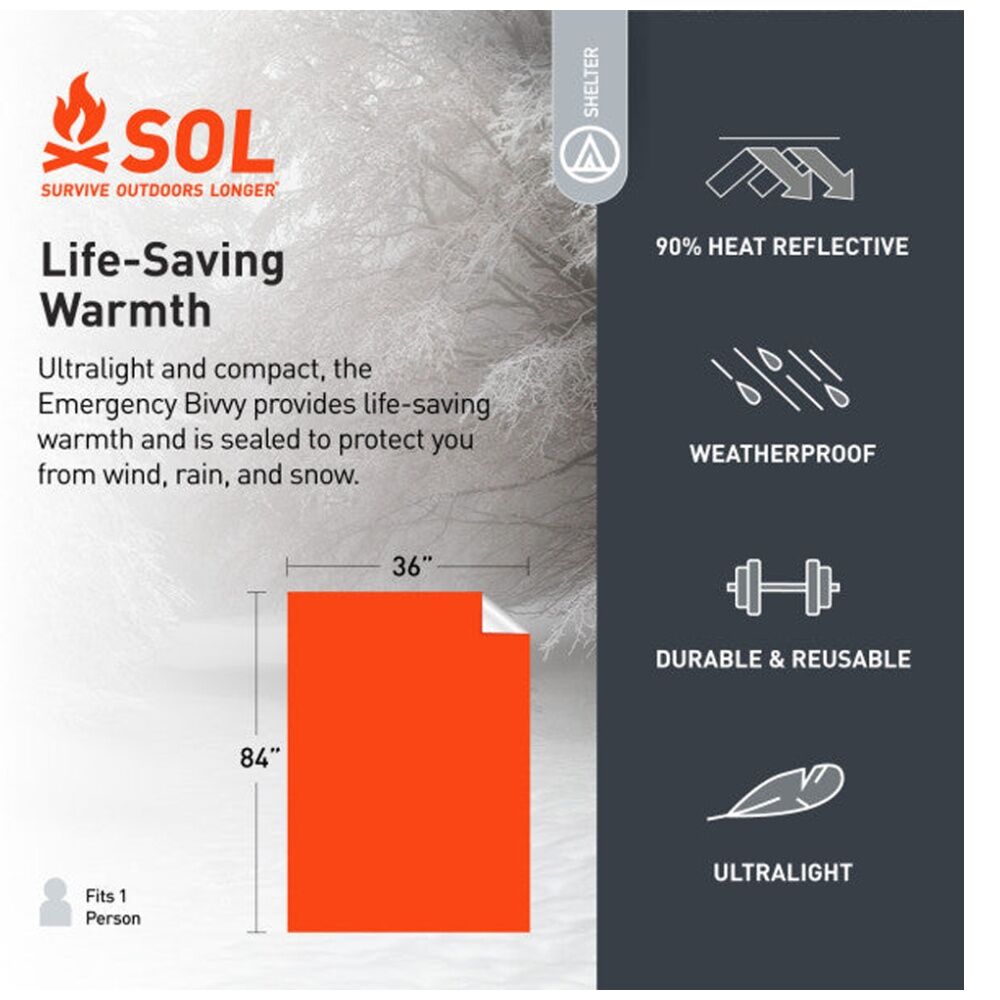 SOL Emergency Bivvy XL Waterproof Thermal Reflective With Rescue Whistle Orange