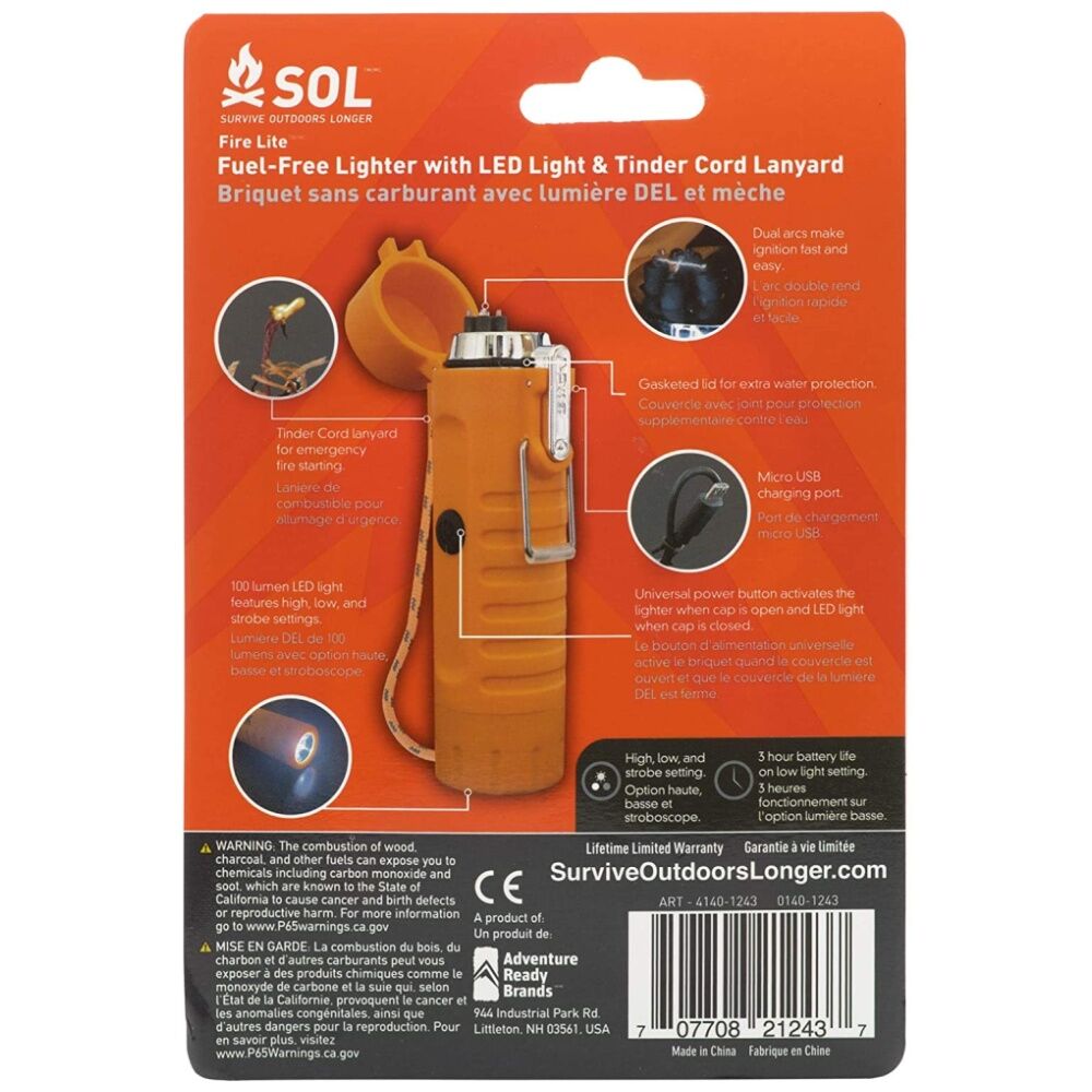 SOL Fire Lite Fuel-Free Lighter Dual Arc USB Rechargeable Waterproof 100lm LED