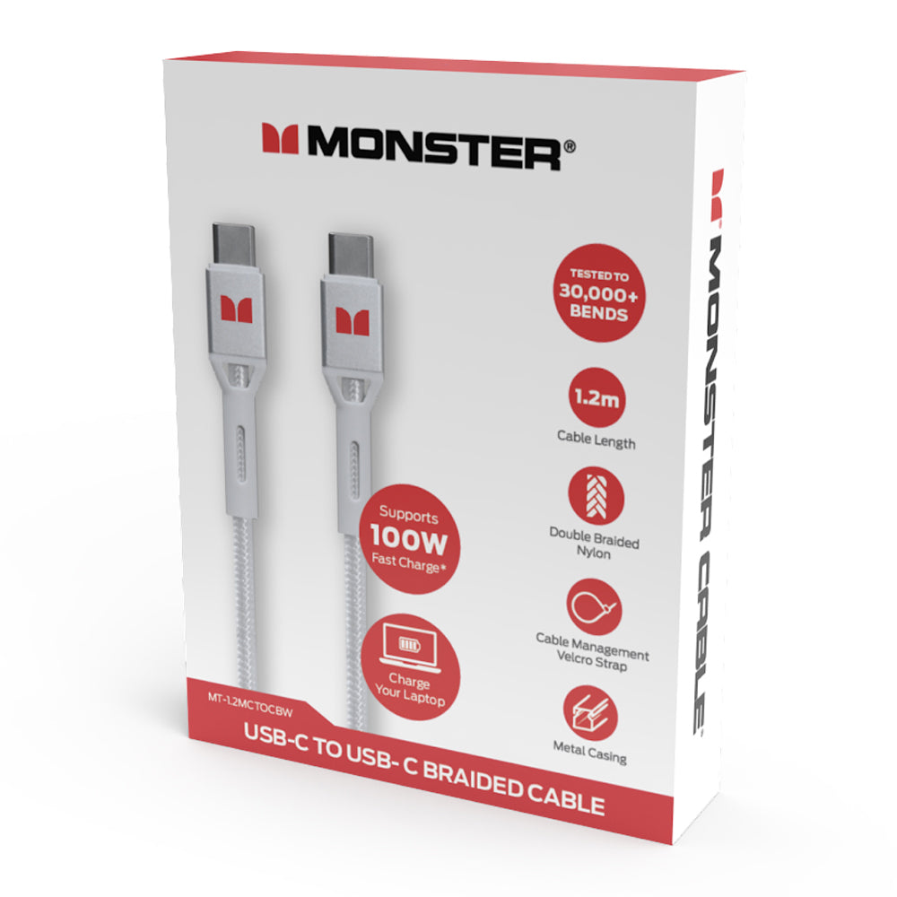Monster Braided 1.2M USB-C to USB-C White Phone Charging/Sync Cable